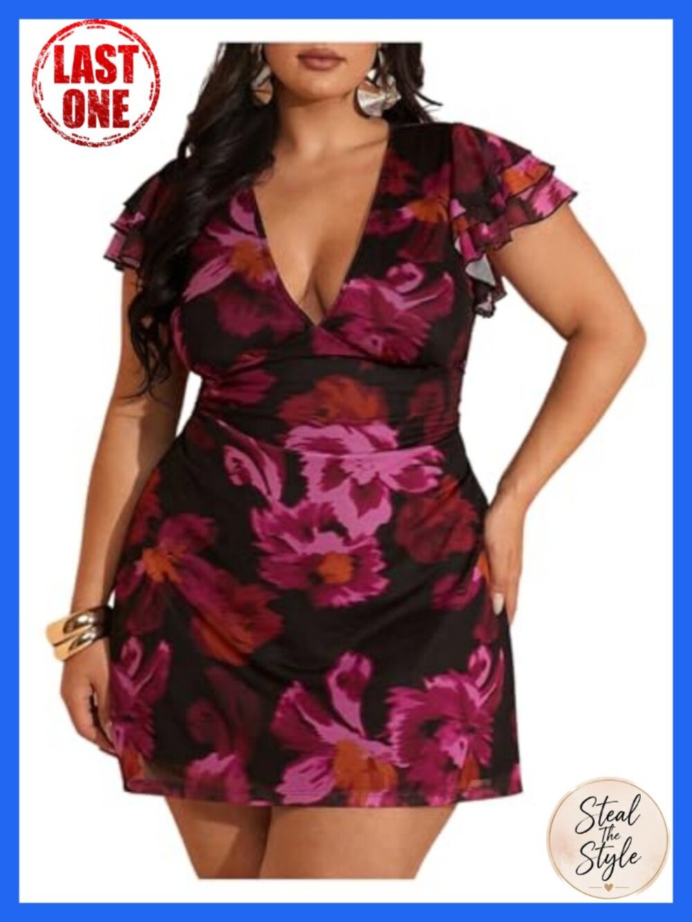 Floerns Women's Plus Size Floral Short Dress Ruffle Sleeve V Neck Bodycon Boho